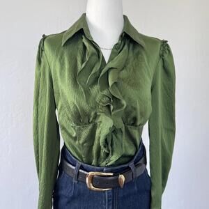 Green 100% Silk blouse with ruffled front